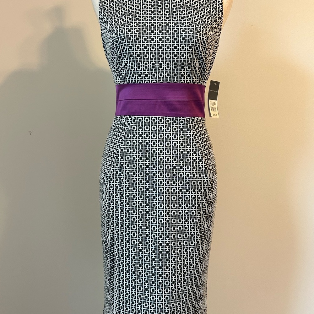 Donna Ricco Purple and Black Sleeveless Halter Midi Sheath Dress